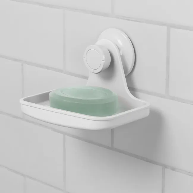 Flex Gel-Lock Soap Dish - White - 7 - White bathroom sink, green soap bar, modern bathroom fixtures, white tiled wall, sleek