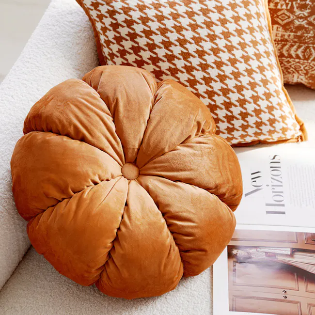 Velvet Petal Round Cushion - Rust - 5 - Creamy, plush, round cushion, orange, textured fabric, cozy seating, comfortable