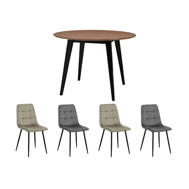 Ralph Round Dining Table 1m with 4 Friska Dining Chairs in Warm Grey (Velvet) and Bronze (Velvet) - 1 - Modern dining table