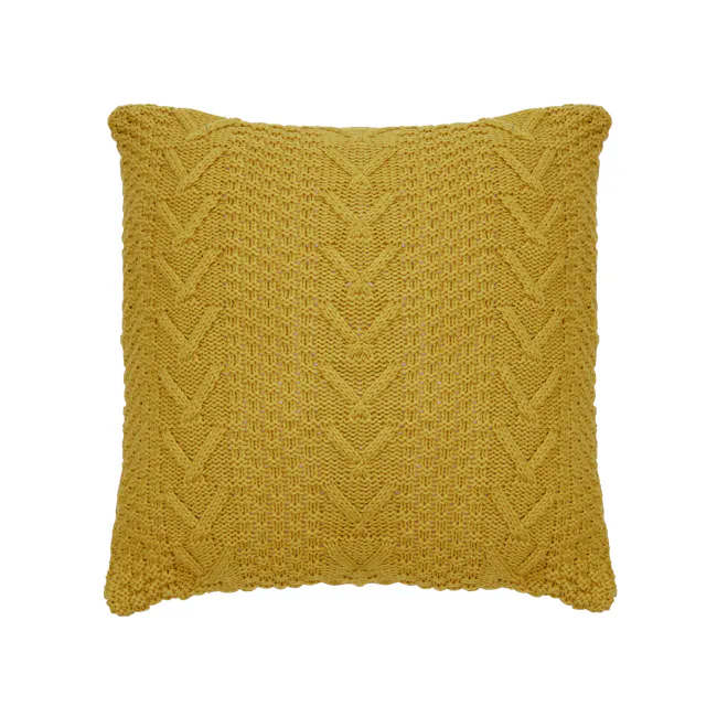Sidney Knitted Cushion - Mustard - 1 - Knitted yellow pillow with intricate crochet pattern, textured fabric, cozy design