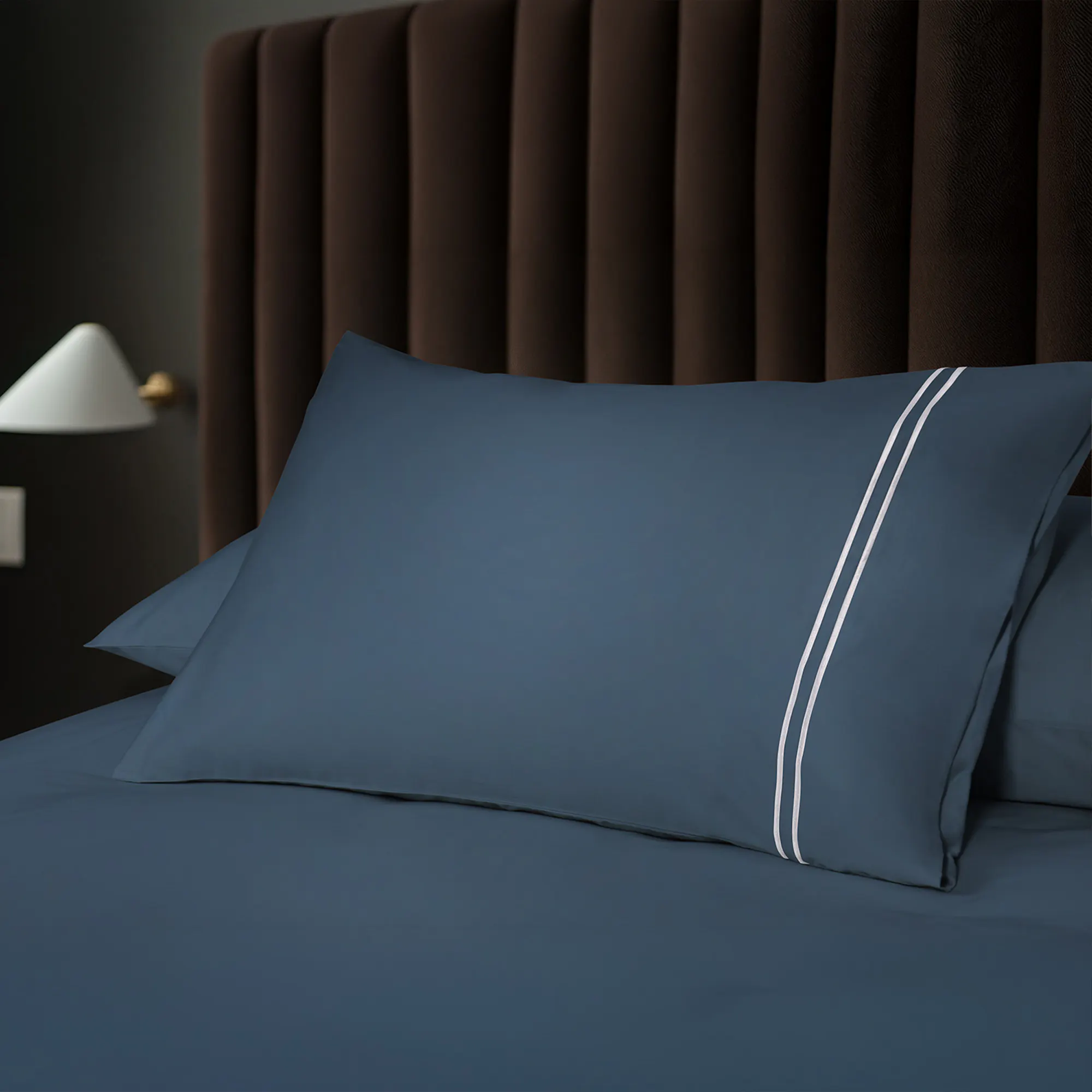 IE Maison Hotel Suite Premium Cotton Solid Fitted Sheet Set with Embroidery - Navy (4 Sizes)