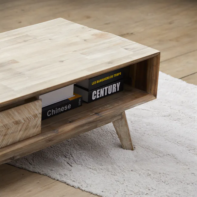 Leland Twin Drawer Coffee Table - 5 - Wooden coffee table, minimalist design, natural wood finish, modern furniture
