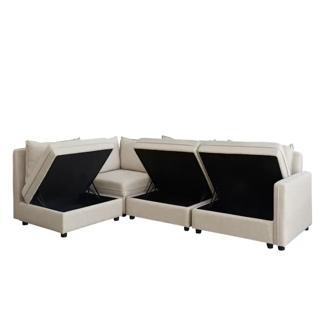 Cameron Corner Unit - Sand (Fabric) - 13 - Modern beige sofa with black storage compartments, sleek design, minimalist