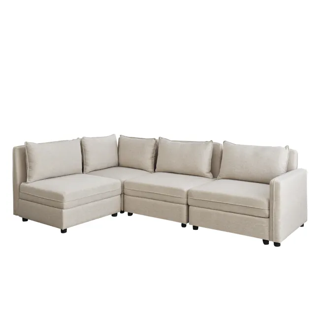 Cameron Corner Unit - Sand (Fabric) - 9 - Modern beige sectional sofa, minimalist design, comfortable cushions, sleek black