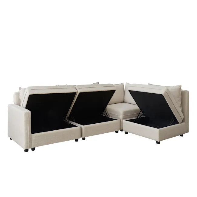 Cameron Corner Unit - Sand (Fabric) - 15 - Modern beige sofa with black accents, minimalist design, open storage
