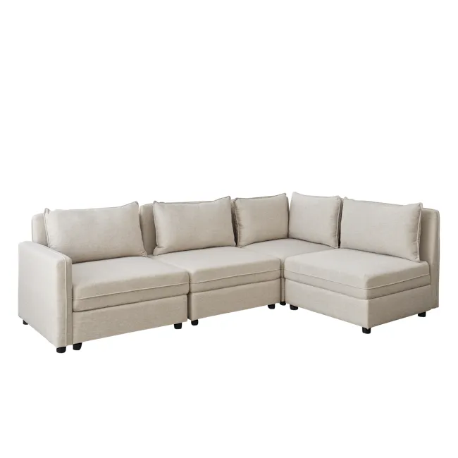 Cameron Corner Unit - Sand (Fabric) - 11 - Modern beige sofa, minimalist design, comfortable cushions, sleek black legs