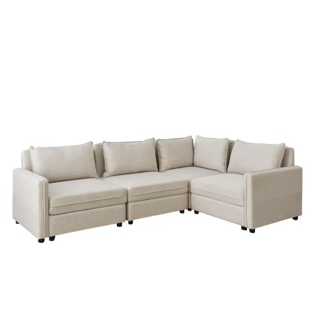 Cameron Corner Unit - Sand (Fabric) - 10 - Modern beige sofa, minimalist design, comfortable cushions, sleek black legs
