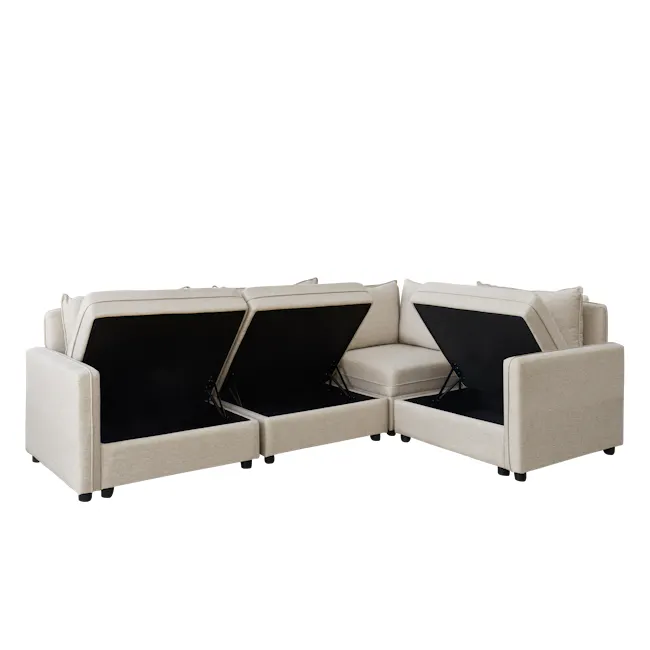 Cameron Corner Unit - Sand (Fabric) - 12 - Modern beige sofa with black accents, sleek design, comfortable seating, foldable