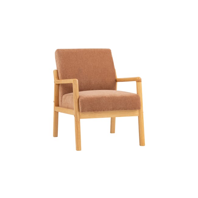 Mendo Armchair - Coral (Fabric) - 2 - Brown upholstered armchair, minimalist design, wooden frame, comfortable seating