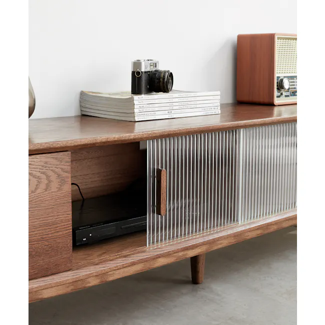 Lucia TV Console 2.2m - 3 - Vintage camera, vintage radio, wooden shelf, stack of books, black electronic device, wooden