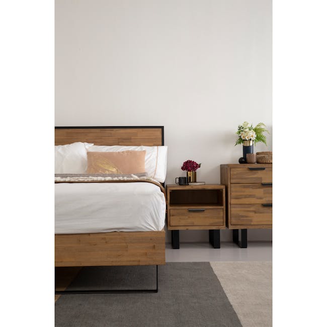 Dakota 7 Drawer Chest 1.55m - 10 - Wooden bed frame, white bedding, brown pillows, wooden nightstands, black metal legs