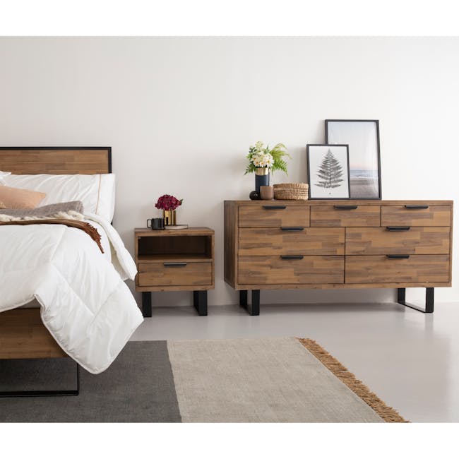 Dakota 7 Drawer Chest 1.55m - 2 - Wooden nightstand, white bed, cozy bedspread, brown throw blanket, wooden dresser, black
