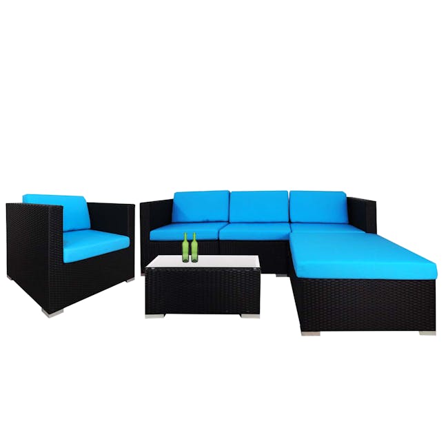 Summer Modular Outdoor Sofa Set - Blue Cushions - 1 - Woven outdoor sofa, black and blue color scheme, comfortable seating