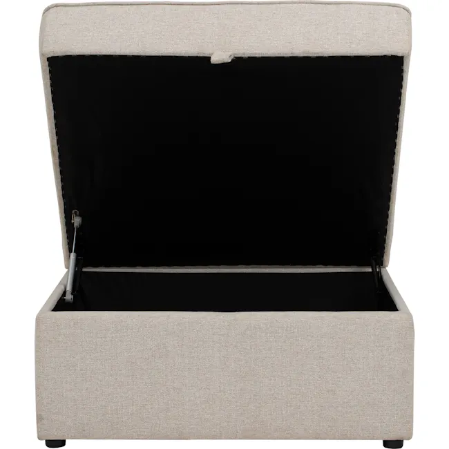 Tony 2 Seater Extended Storage Sofa - 27 - Fabric sofa, beige upholstery, black interior, open storage compartment, metal