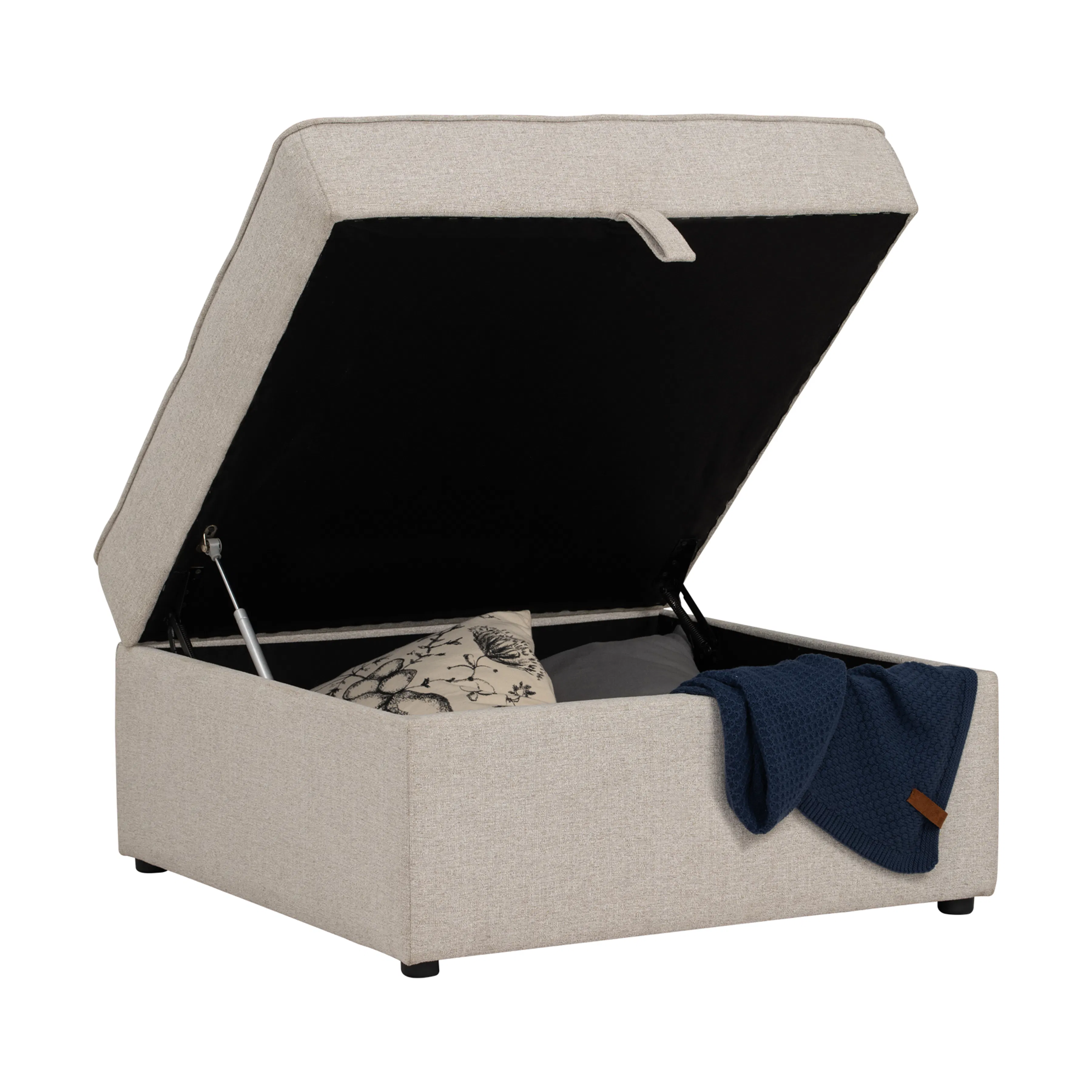 Tony 3 Seater Sofa with Storage Ottoman - 24 - Lightweight sofa with black interior, beige fabric exterior, open storage