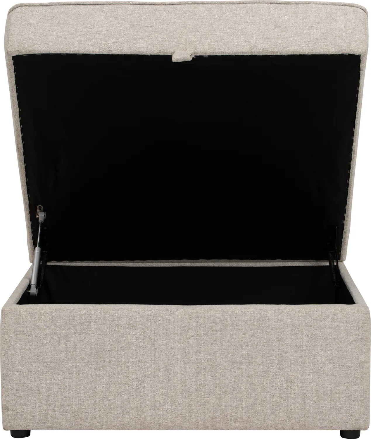 Tony Storage Ottoman - White - 13 - Fabric sofa, beige upholstery, black interior, open storage compartment, metal rod