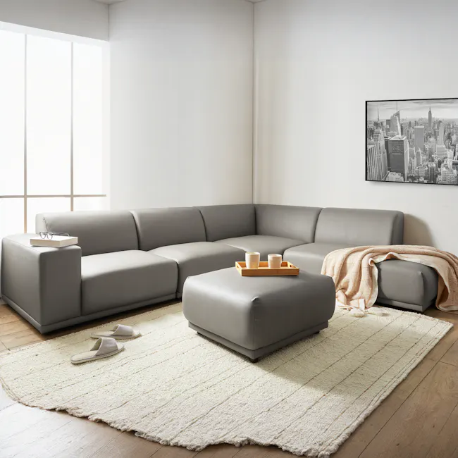 Milan 4 Seater Sofa with Ottoman - Smokey Grey (Faux Leather) - 17 - Modern living room, gray sectional sofa, minimalist