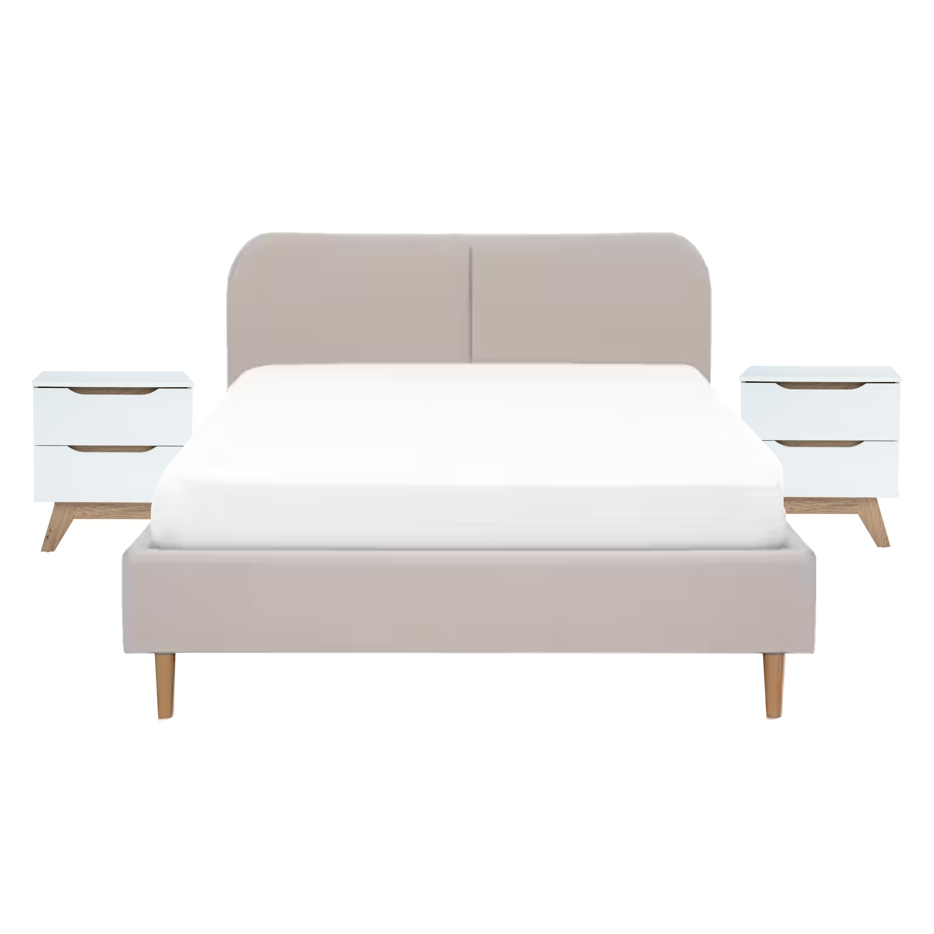 Nolan King Bed in Oatmeal with 2 Miah Bedside Table in White