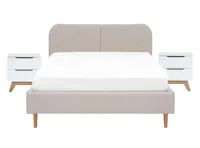 Nolan King Bed in Oatmeal with 2 Miah Bedside Table in White
