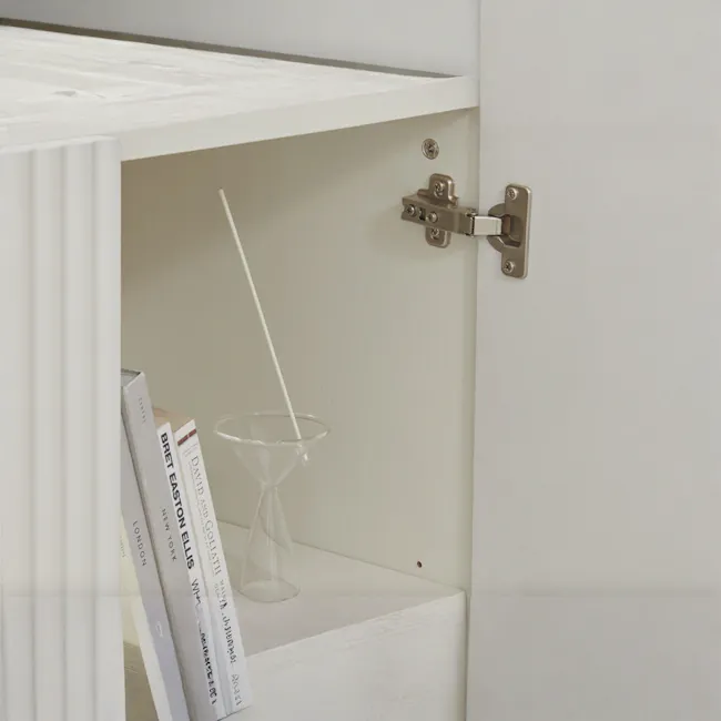 Heidi Cabinet 1.2m - Oak - 7 - White cabinet, minimalist design, open shelf, books, glass wine glass, white interior, modern