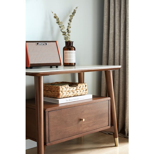 Lydell Marble Bedside Table - Walnut, White - 2