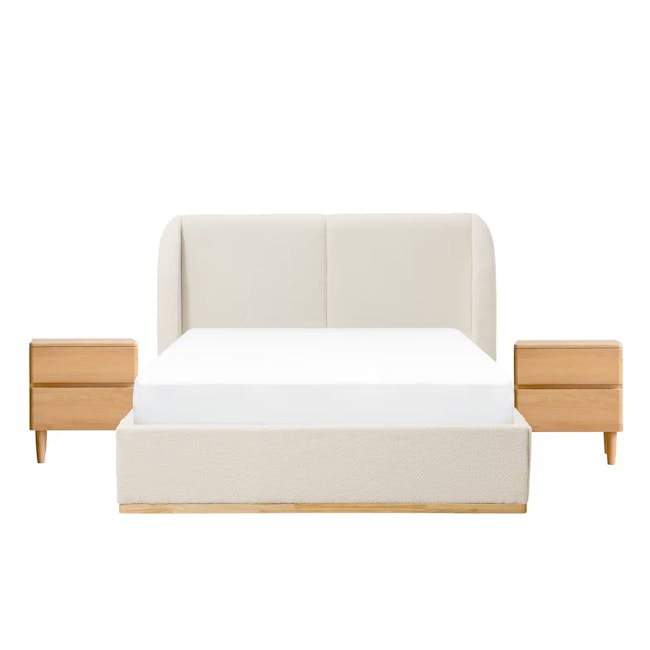 Nova King Storage Bed in Beige Boucle with 2 Natalia Bedside Table - 1 - White upholstered bed with beige headboard
