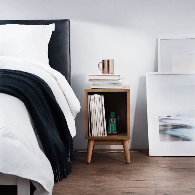 Zephyr 4 Drawer Queen Bed in Oak, Grey Mist with 2 Kyoto Single Shelf Slim Bedside Table in Oak - 18 - Wooden nightstand