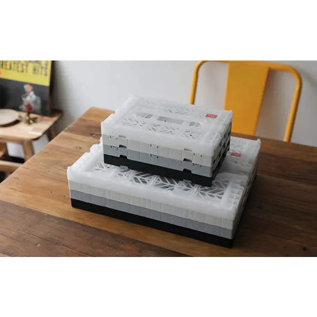 Aykasa Foldable Minibox - Gold - 6 - White plastic storage bins, gray plastic bins, wooden table, yellow chair, wooden
