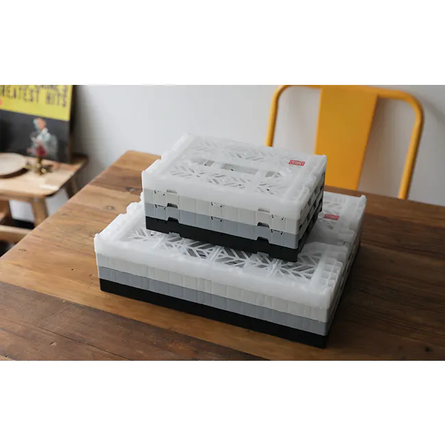 Aykasa Foldable Minibox - Peacock Green - 6 - White plastic storage bins, gray plastic bins, wooden table, yellow chair