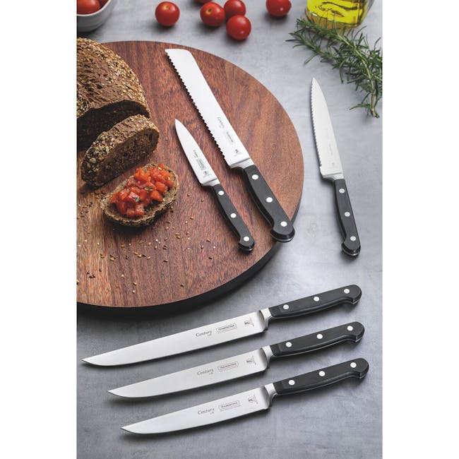 Tramontina Century Kitchen Knife (2 Sizes) - 2 - wooden cutting board, bread, tomatoes, olive oil, rosemary sprigs, knife