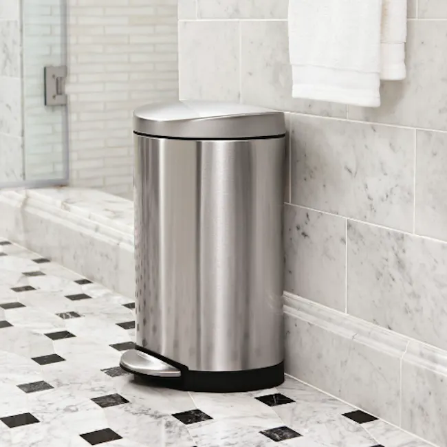 simplehuman Semi-Round Step Bin 10L - Silver - 2 - silver trash can, modern bathroom, tiled floor, black and white pattern