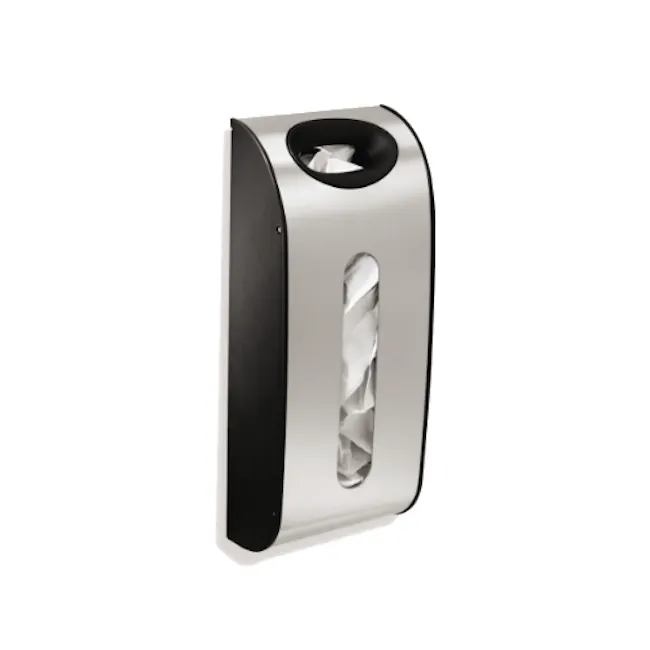 simplehuman Wall Mount Grocery Bag Dispenser - 1 - Silver and black cylindrical object, white paper towel roll, sleek