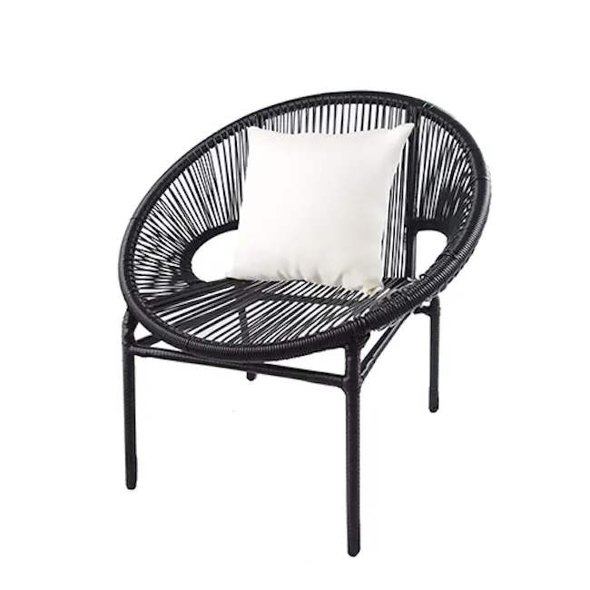 Shelton Patio Set - White Pillow - 2 - Wicker chair with black metal frame, white cushion, modern design, outdoor furniture