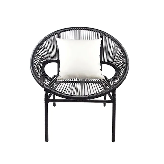 Shelton Patio Set - White Pillow - 3 - Wicker chair with black metal frame, white cushion, modern design, outdoor furniture