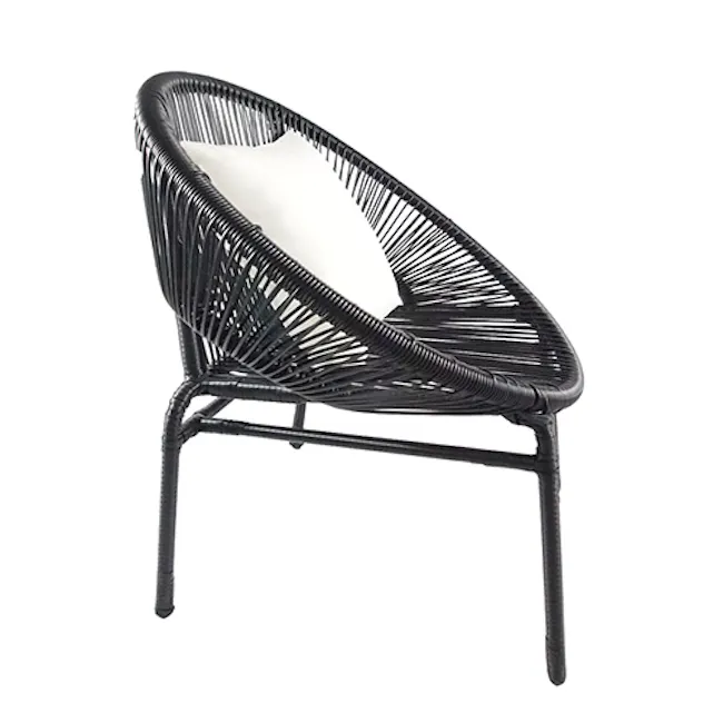 Shelton Patio Set - White Pillow - 4 - Swing-style outdoor chair, black rattan design, modern aesthetic, comfortable