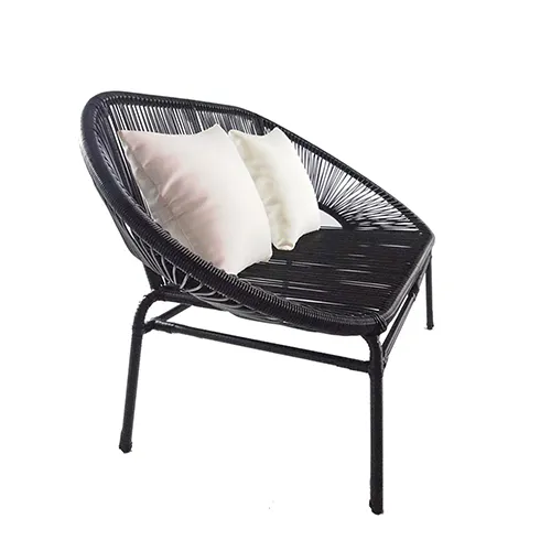 Shelton Sofa Set - White Pillow - 14 - Wicker outdoor lounge chair, black metal frame, white cushions, minimalist design