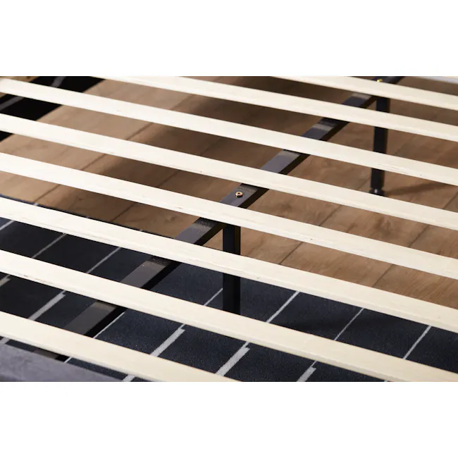 Nolan King Bed in Hailstorm with 2 Miah Bedside Table in White - 10 - Wooden slats, black metal frame, wooden slats, black