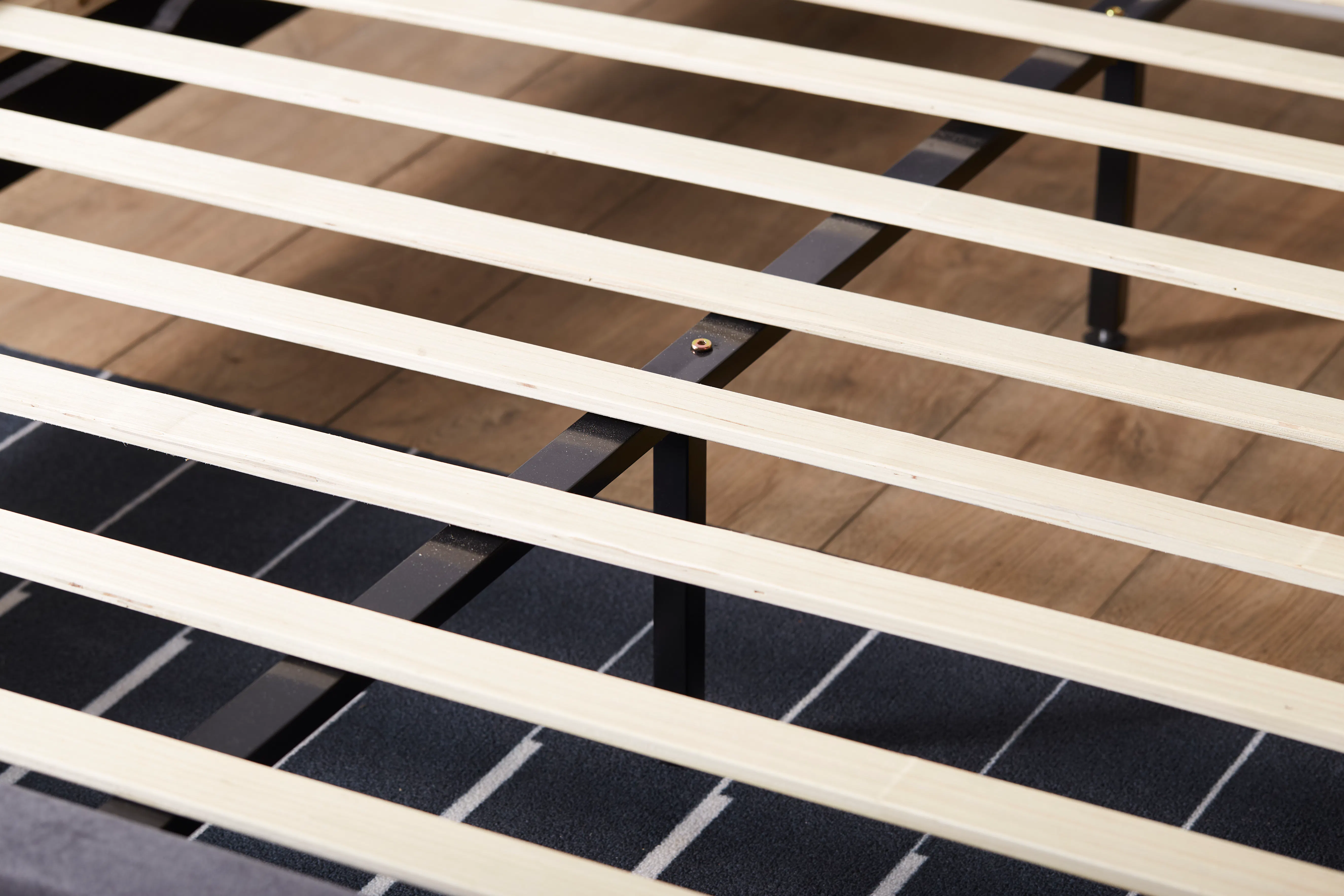 Nolan King Bed - Hailstorm - 9 - Wooden slats, black metal frame, wooden slats, black and white stripes, wooden floor