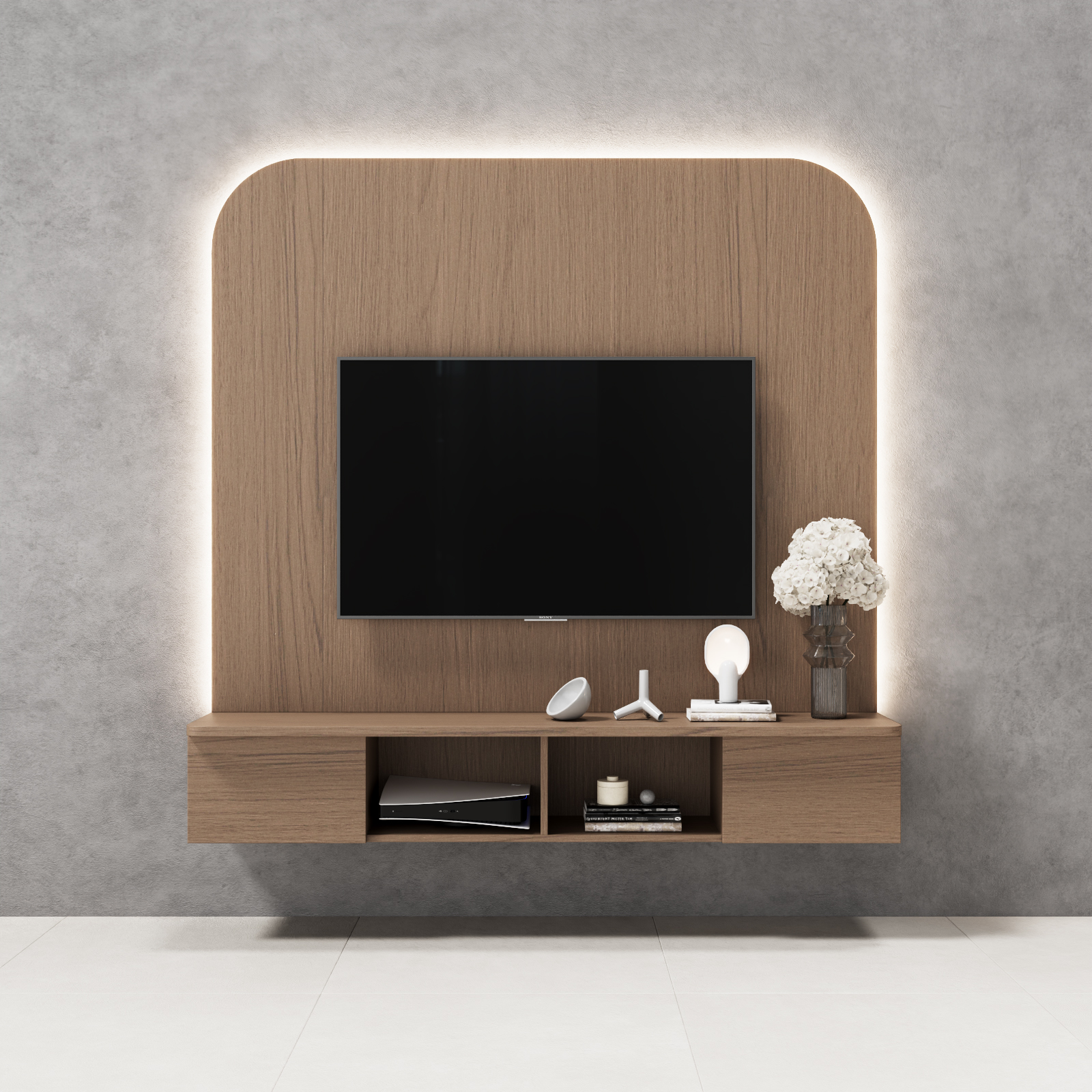 Freya TV Console Feature Wall - Walnut (3 Sizes) - 1.8m