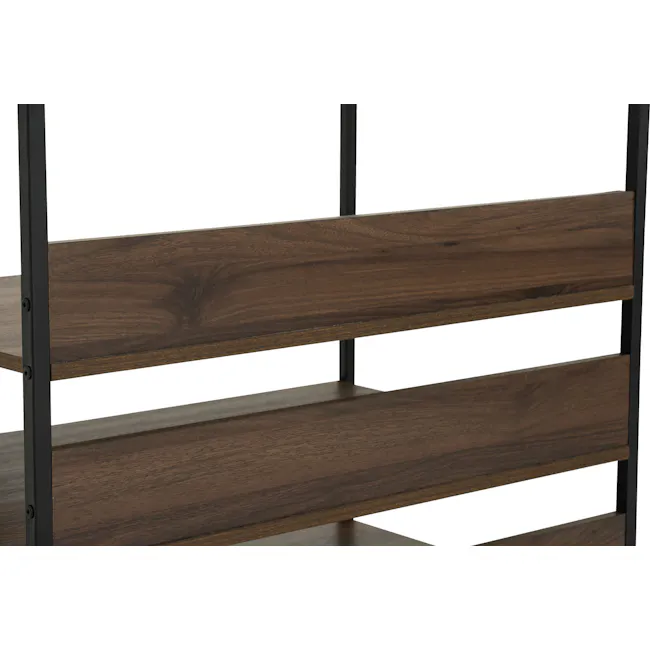 Capri Open Wardrobe with 3 Shelves - 13 - Wooden shelf with metal frame, minimalist design, dark wood grain, horizontal