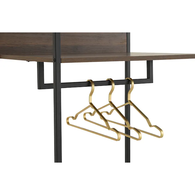 Capri Open Wardrobe with 3 Shelves - 8 - Wooden desk with black metal frame, gold hangers, minimalist design, modern