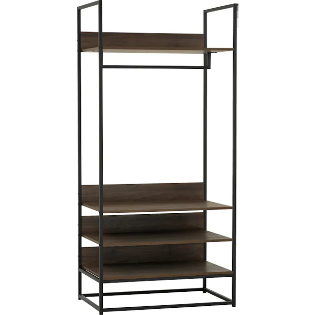 Capri Open Wardrobe with 3 Shelves - 3 - Wooden shelf with metal frame, minimalist design, modern aesthetic, sleek lines