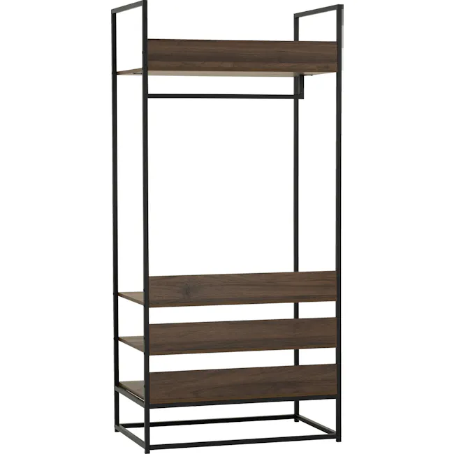 Capri Open Wardrobe with 3 Shelves - 5 - Wooden shelf with metal frame, minimalist design, modern aesthetic, contemporary