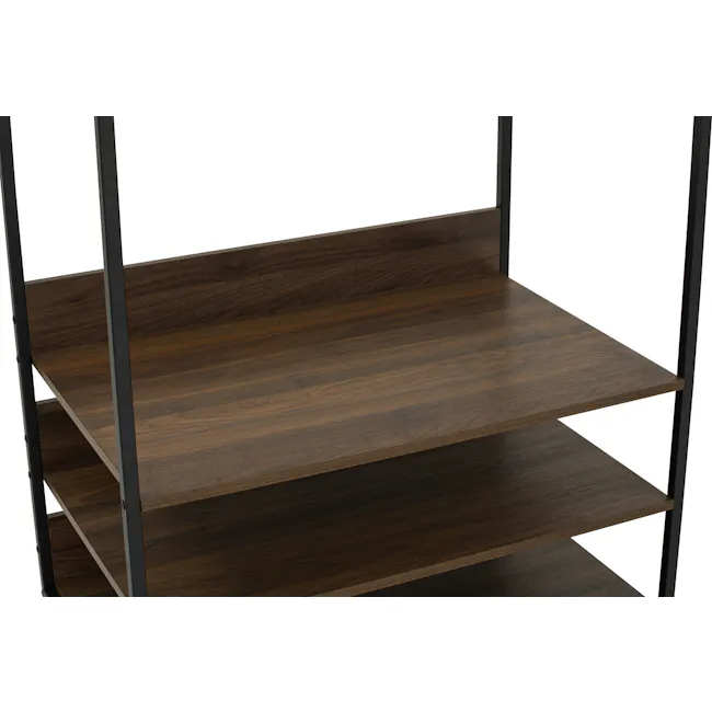 Capri Open Wardrobe with 3 Shelves - 10 - Wooden shelf with metal frame, dark wood texture, minimalist design, modern