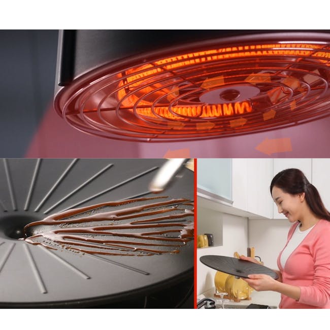 MORRIES Korean Smokeless Infrared BBQ Grill - 5 - Electric fan with glowing orange blades, Chocolate spread on a non-stick