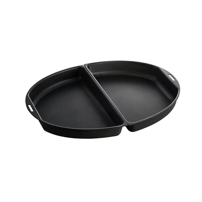 BRUNO Oval Half Flat Plates - 1 - Black, oval-shaped cast-iron skillet with two compartments, Stainless steel, flat-top