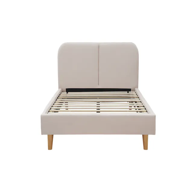 Nolan Super Single Bed - Oatmeal - 3 - Modern minimalist bed frame, light beige upholstered headboard, wooden slats on metal