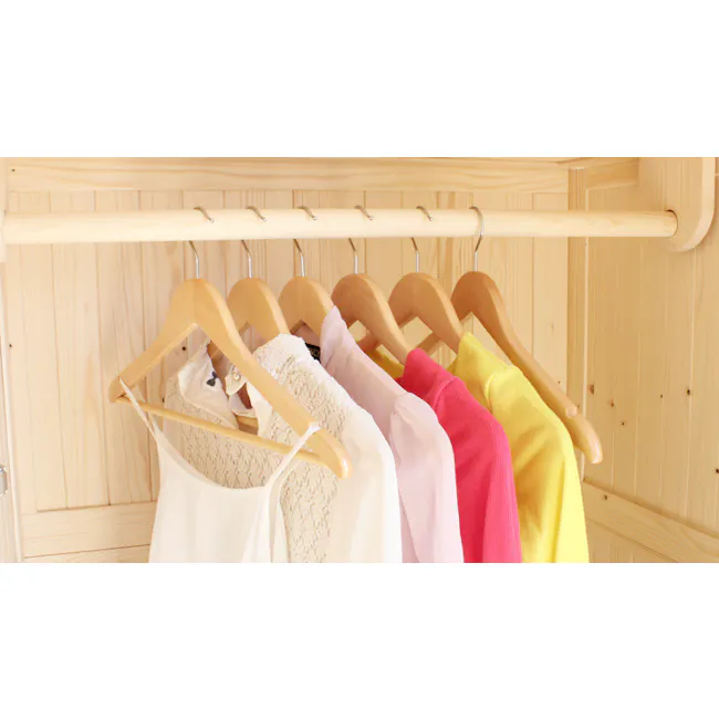 Wooden Hanger - Natural - 5 - Wooden hangers, clothing rack, multiple garments, white blouse, pink sweater, yellow sweater