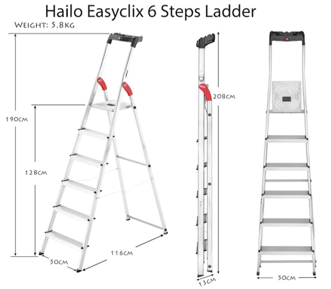 Hailo Aluminium 6 Step Ladder (2 Step Sizes) - 8cm Wide Step Ladder - 2
