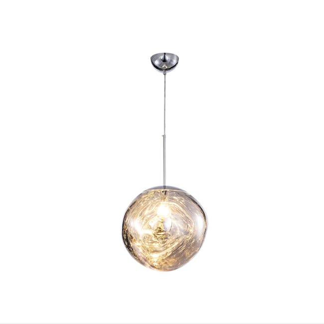 Enoch Pendant Lamp - Chrome - 1 - Modern pendant light fixture, sleek design, reflective surface, golden hue, industrial
